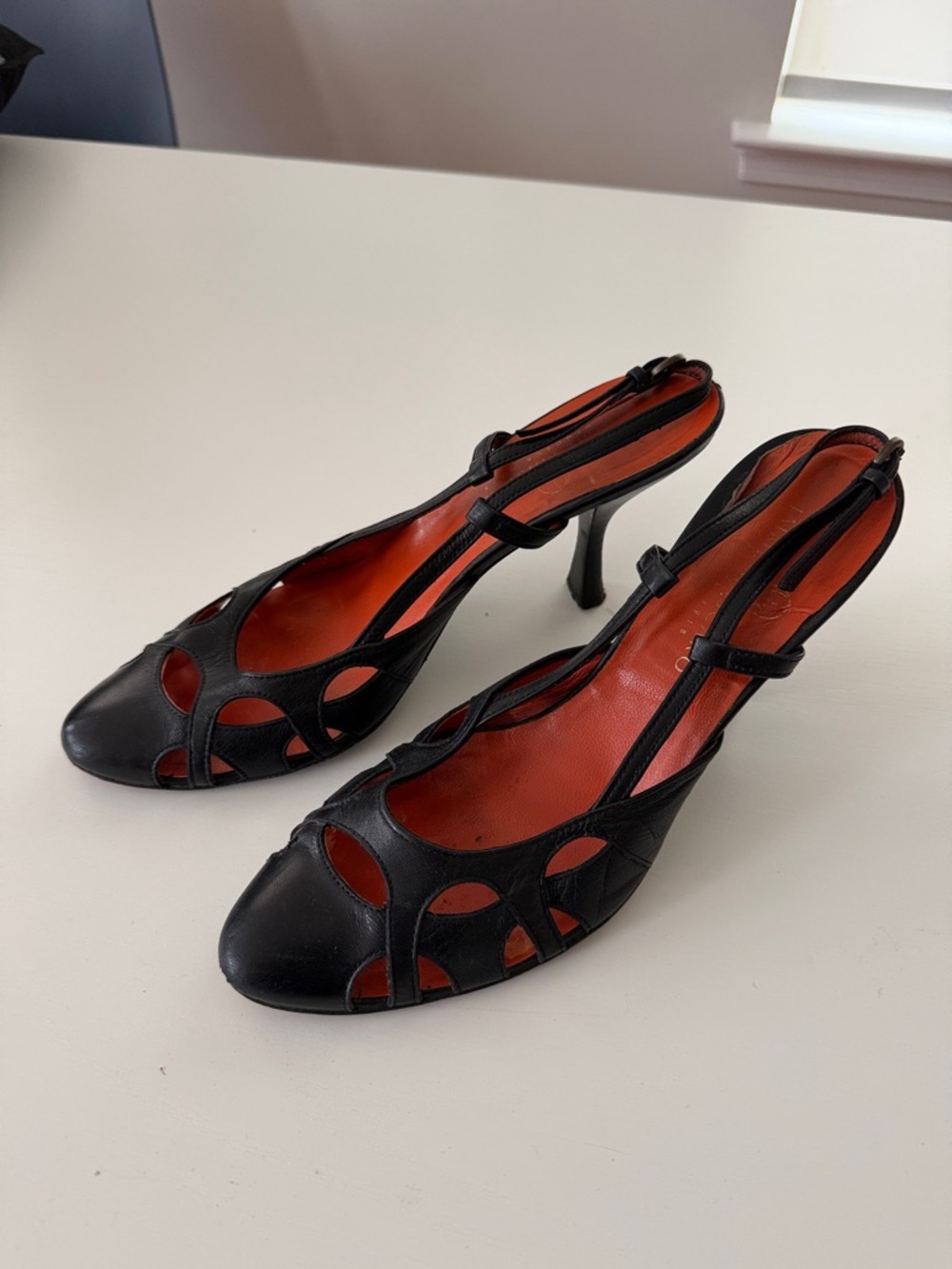 Black Cutout Slingback Heels with Orange Lining